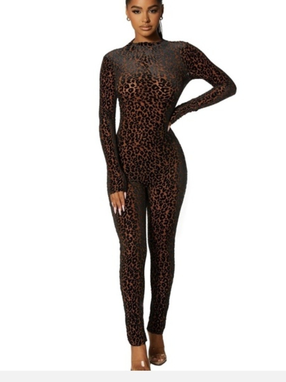 ISO! Naked Wardrobe Burnout Velvet Long Sleeve Leopard Jumpsuit